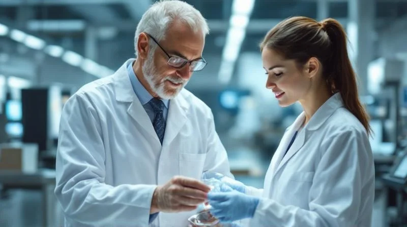 Ausbilder in einem Mannheimer Pharma-Labor zeigt einer Auszubildenden eine Analyseprobe