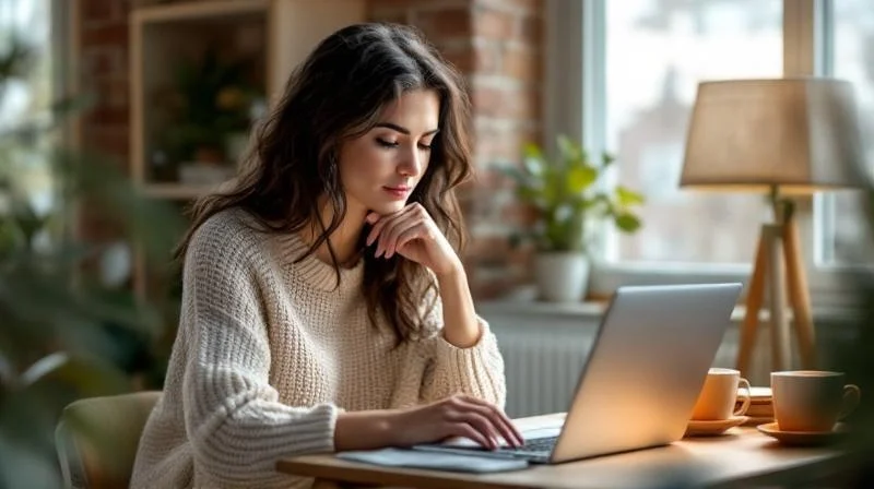 Frau recherchiert am Laptop Weiterbildungen in einem Mannheimer Apartment