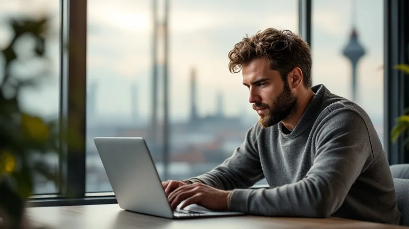 Mannheimer Angestellter mit Laptop im Coworking-Space, im Hintergrund Wasserturm und industrielle Skyline