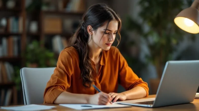 Frau studiert KI-Weiterbildungsunterlagen am Laptop in Mannheim