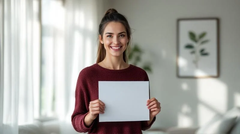 Frau haelt freudig ein Zertifikat in einem hellen Mannheimer Wohnzimmer