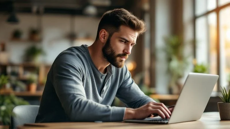 Mann lernt konzentriert am Laptop in einem modernen Mannheimer Buero