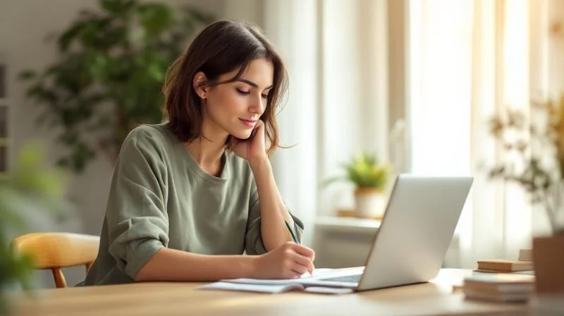 Frau lernt am Laptop in einer hellen Wohnung in Mannheim mit Blick auf gruene Baeume