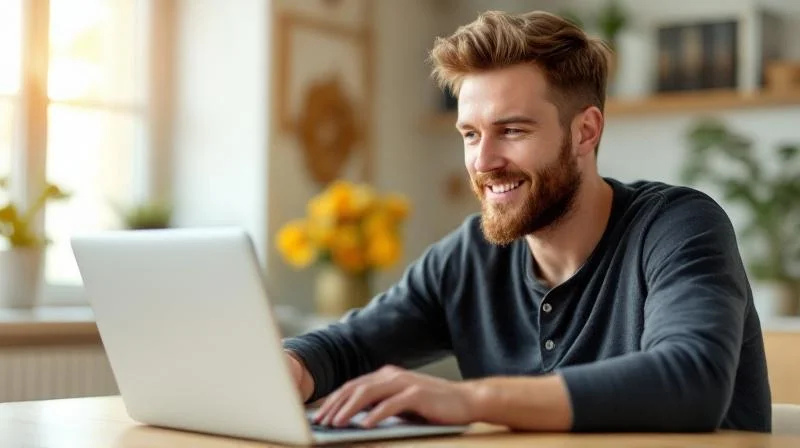 Mann arbeitet konzentriert am Laptop in einer modernen Mannheimer Wohnung